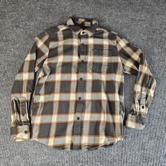 Volcom Shirt Youth Large Green Gray Brown Caden Plaid LS Flannel Button Down - Picture 1 of 12